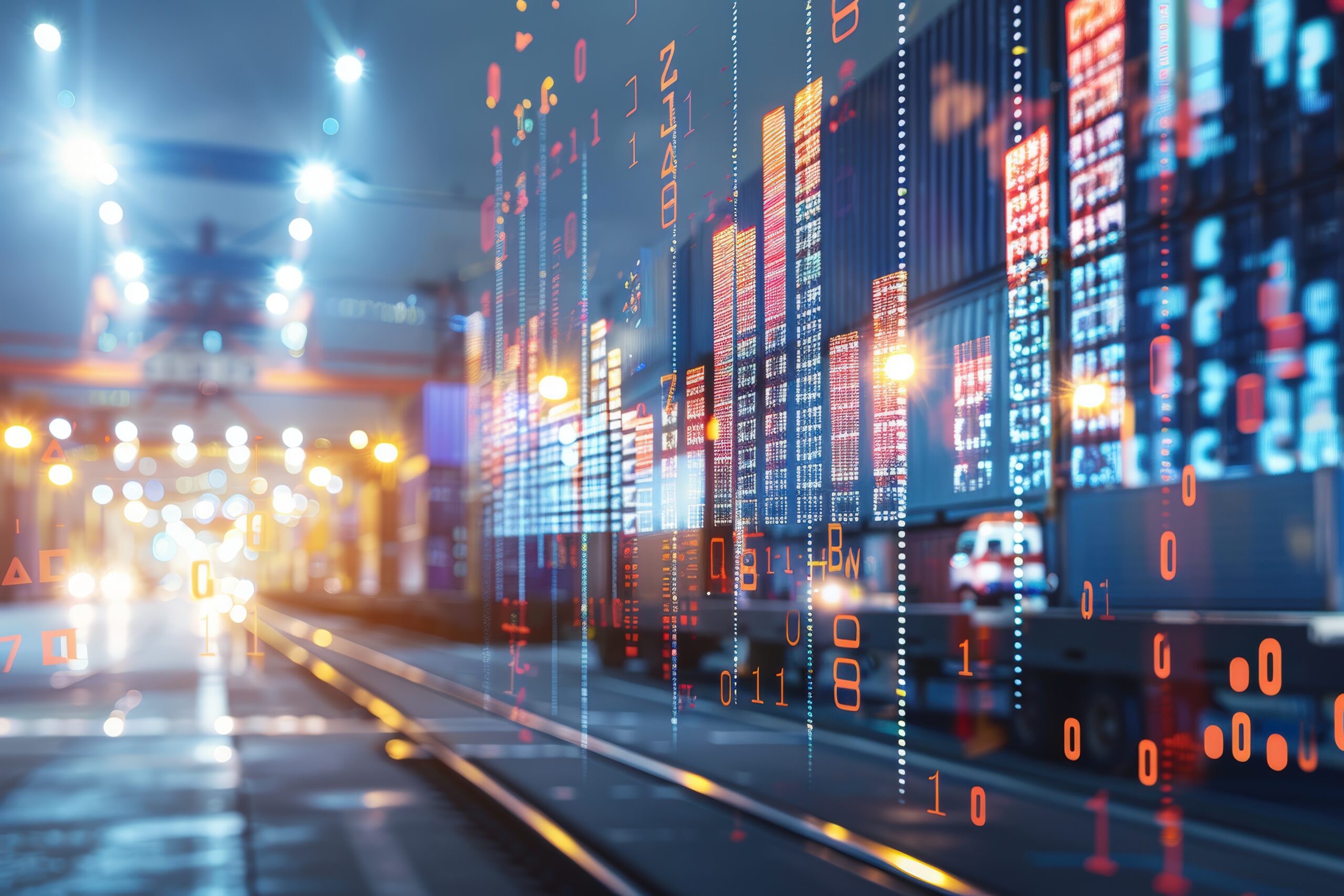A futuristic port scene with digital binary code overlays, blending technology and industry concepts.