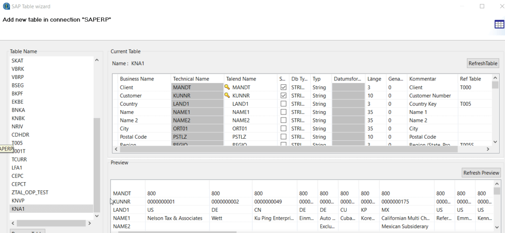 Talend SAP Importdialog, KNA1 Feldstruktur