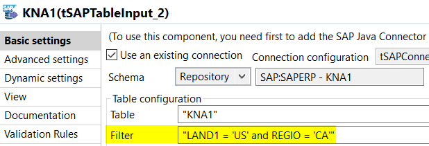 Konfiguration der Talend SAP Komponente