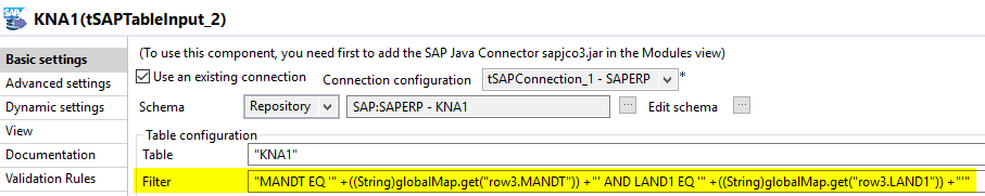 Filter der Talend SAP Komponente