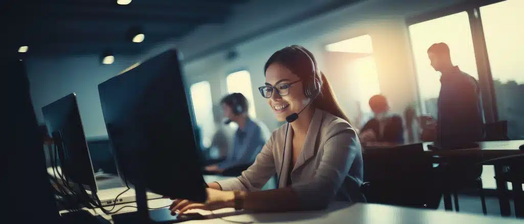 call center women smiled working and providing service with courtesy and attention front of laptop