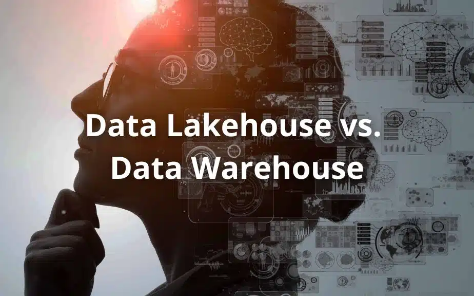 Data Lakehouse vs. Data Warehouse. Mit einer nachdenklichen Frau im Hintergrund