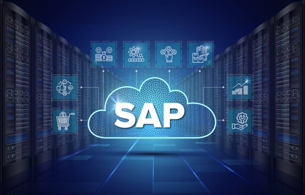 Schriftzug SAP in einer Wolke, drum zu weitere Icons