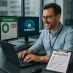 Testmanager working an a laptop with AI generated test results
