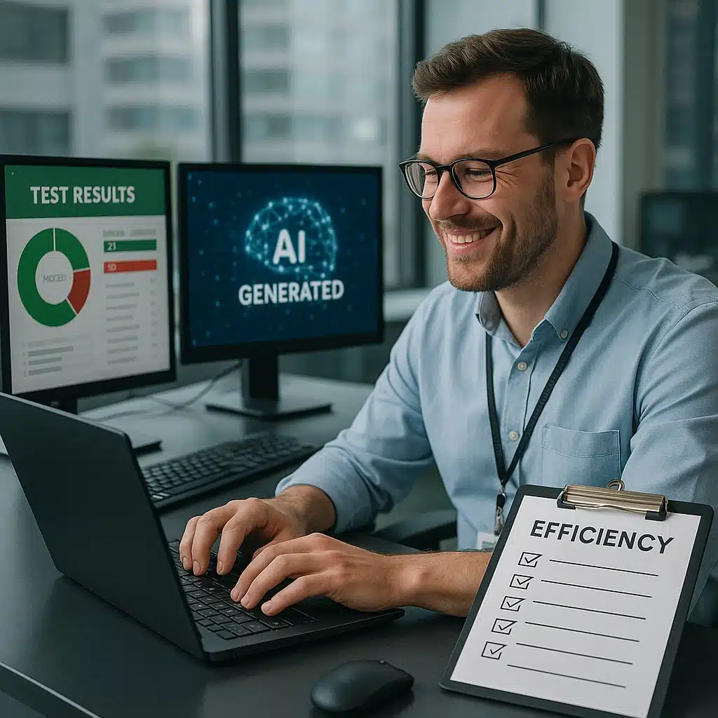 Testmanager working an a laptop with AI generated test results