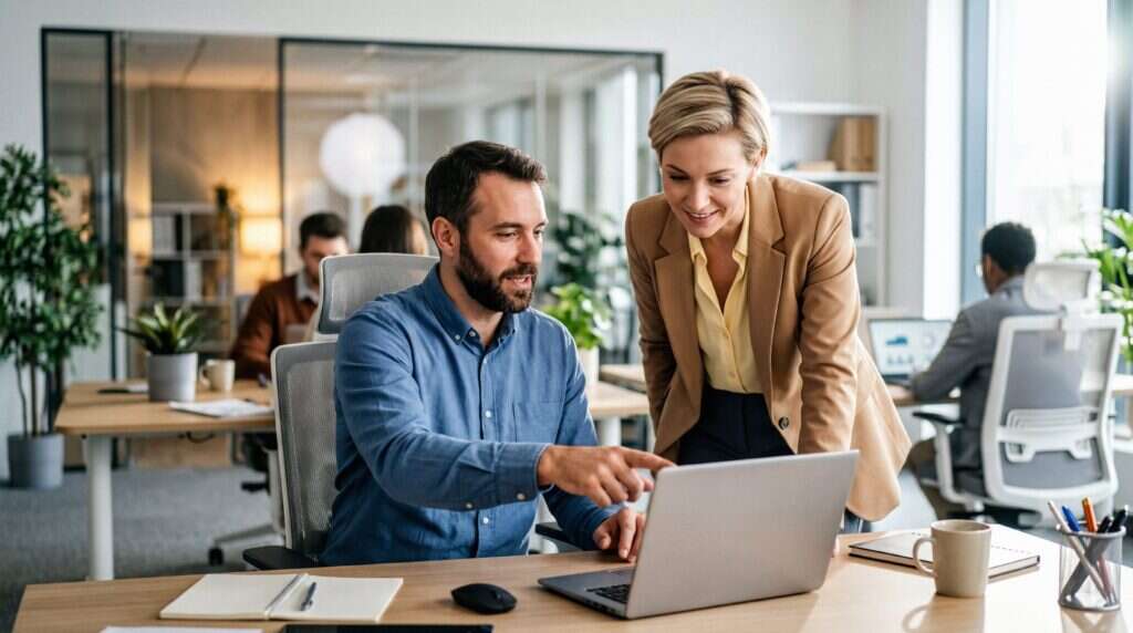 Zwei Kolleginnen und Kollegen arbeiten im Großraumbüro gemeinsam am Laptop – Vorarbeit durch KI-Agenten, Entscheidung beim Menschen