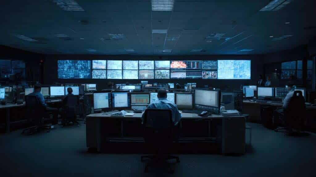 Operations-Center mit Monitorwand: Team überwacht Datenströme und Systemzustände – Sinnbild für den kontrollierten Betrieb von KI-Agenten