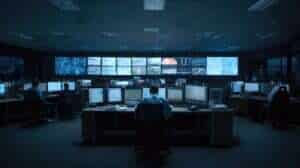 Operations-Center mit Monitorwand: Team überwacht Datenströme und Systemzustände – Sinnbild für den kontrollierten Betrieb von KI-Agenten
