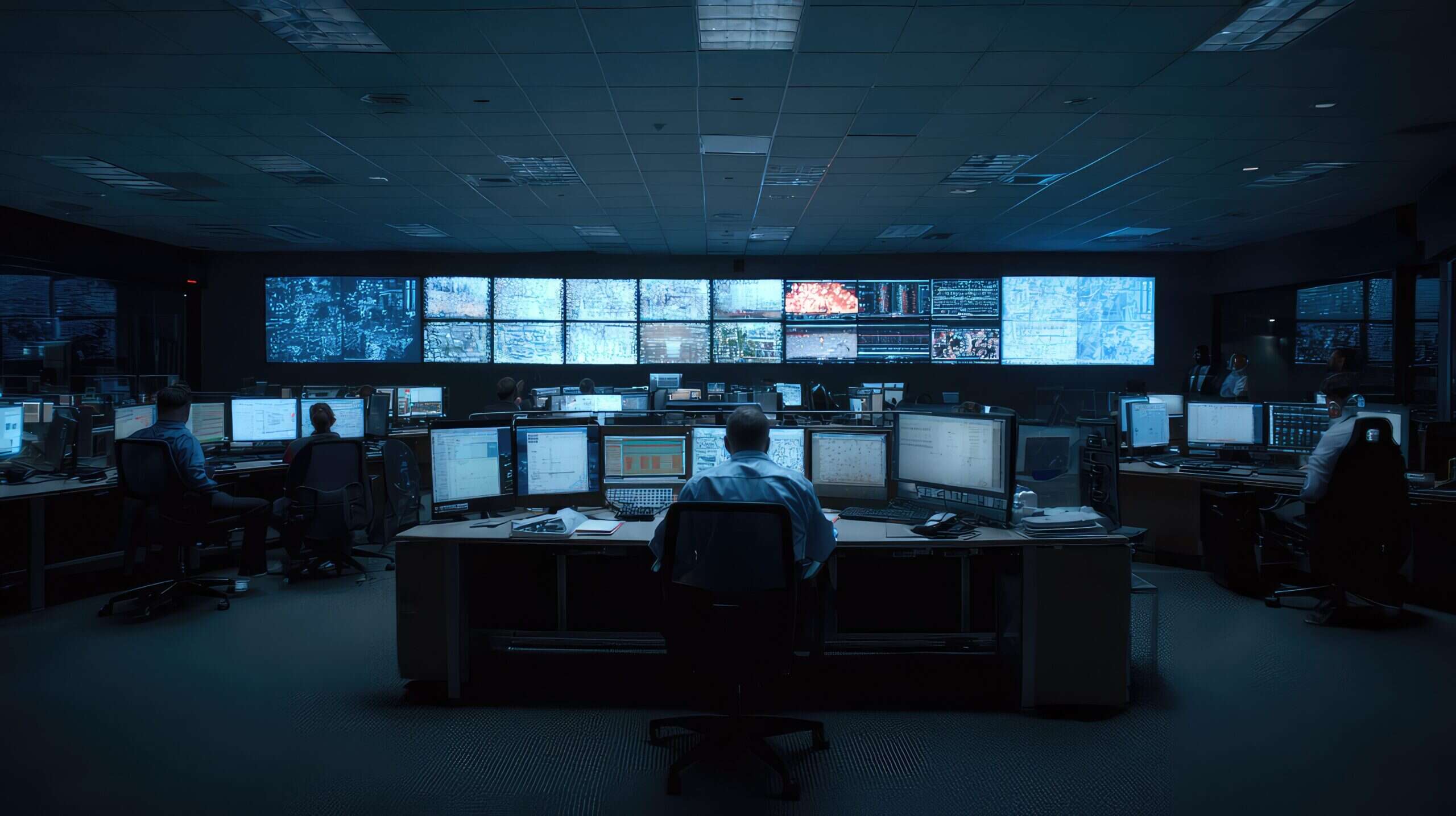 Operations-Center mit Monitorwand: Team überwacht Datenströme und Systemzustände – Sinnbild für den kontrollierten Betrieb von KI-Agenten