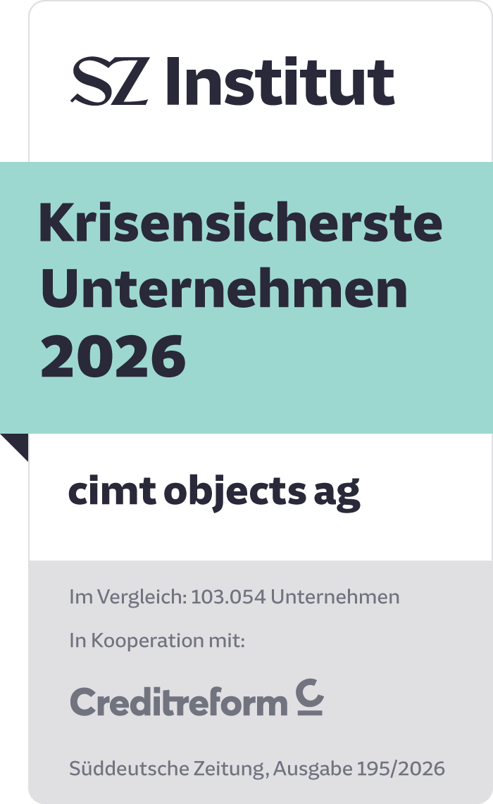 Siegel des SZ Instituts: cimt objects ag – Krisensicherste Unternehmen 2026, in Kooperation mit Creditreform