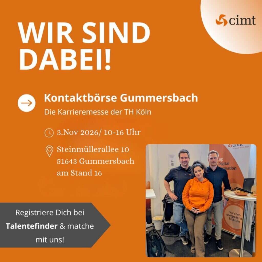 Karrieremesse TH Köln am 3. November: cimt an Stand 16 auf dem Campus Gummersbach