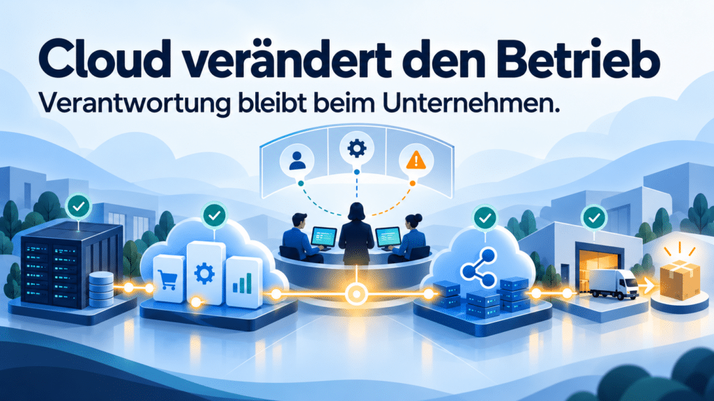 Illustration eines vernetzten SAP-Betriebs mit Cloud-Diensten, Integration und zentraler Koordination
