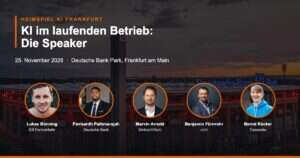 Heimspiel KI Frankfurt am 25. November 2026: Speaker Lukas Bünning, Pavisanth Pathmarajah, Marvin Arnold, Benjamin Fürnrohr und Bernd Rücker vor dem Deutsche Bank Park