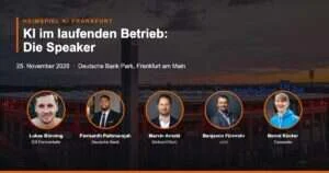 Heimspiel KI Frankfurt am 25. November 2026: Speaker Lukas Bünning, Pavisanth Pathmarajah, Marvin Arnold, Benjamin Fürnrohr und Bernd Rücker vor dem Deutsche Bank Park
