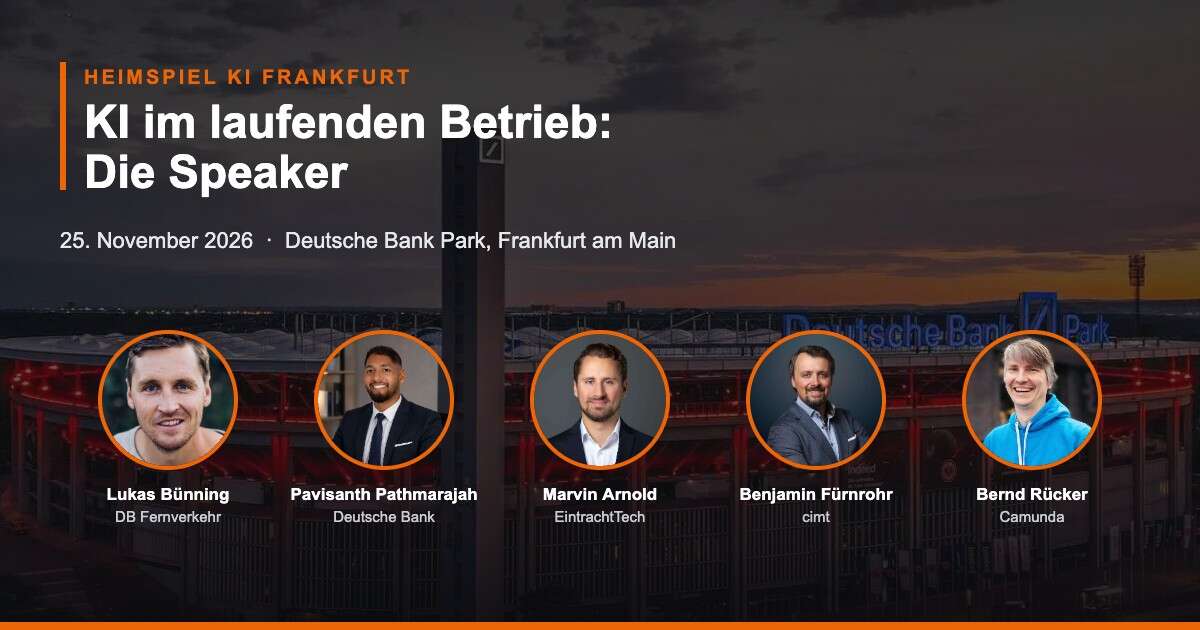 Heimspiel KI Frankfurt am 25. November 2026: Speaker Lukas Bünning, Pavisanth Pathmarajah, Marvin Arnold, Benjamin Fürnrohr und Bernd Rücker vor dem Deutsche Bank Park
